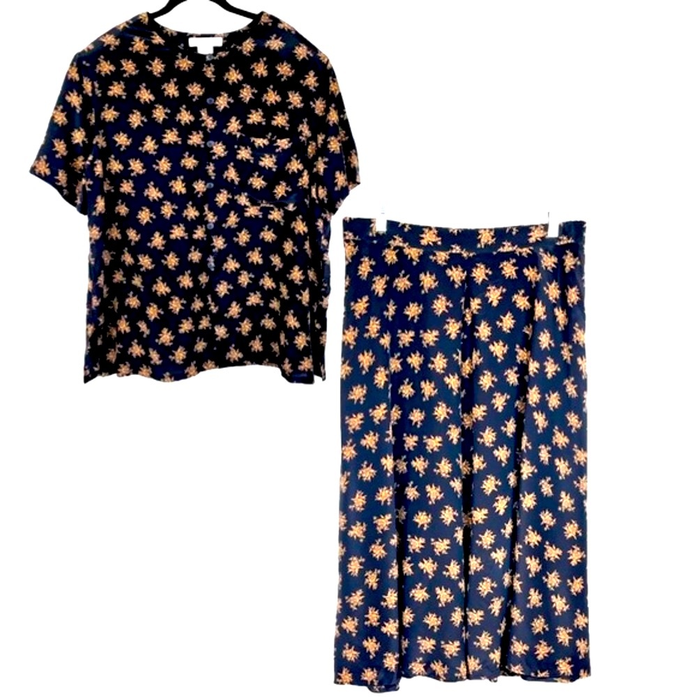 Jones New York 100% Silk Skirt and Blouse Size 18 20 Black Whimsigoth Set of 2